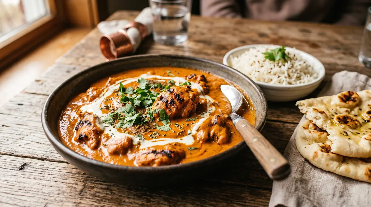 Creamy butter chicken curry served with rice and naan
