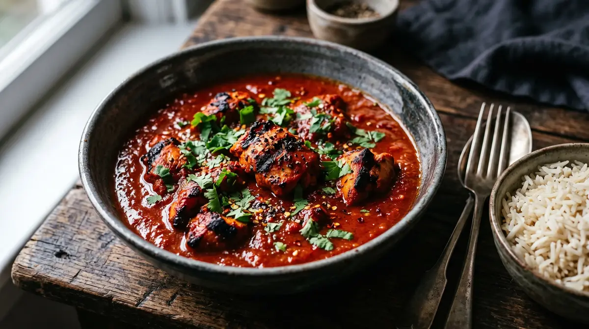 Spicy chicken tikka masala curry with basmati rice