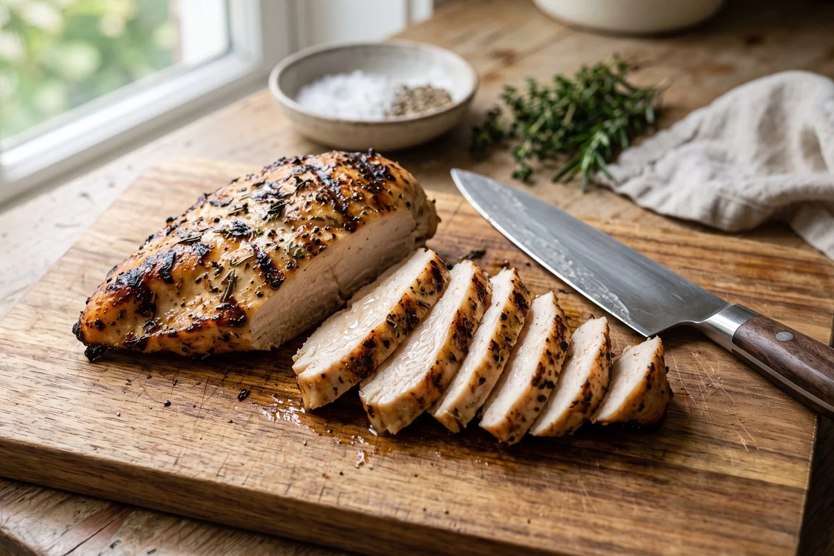 Grilled boneless skinless chicken breast sliced on a cutting board