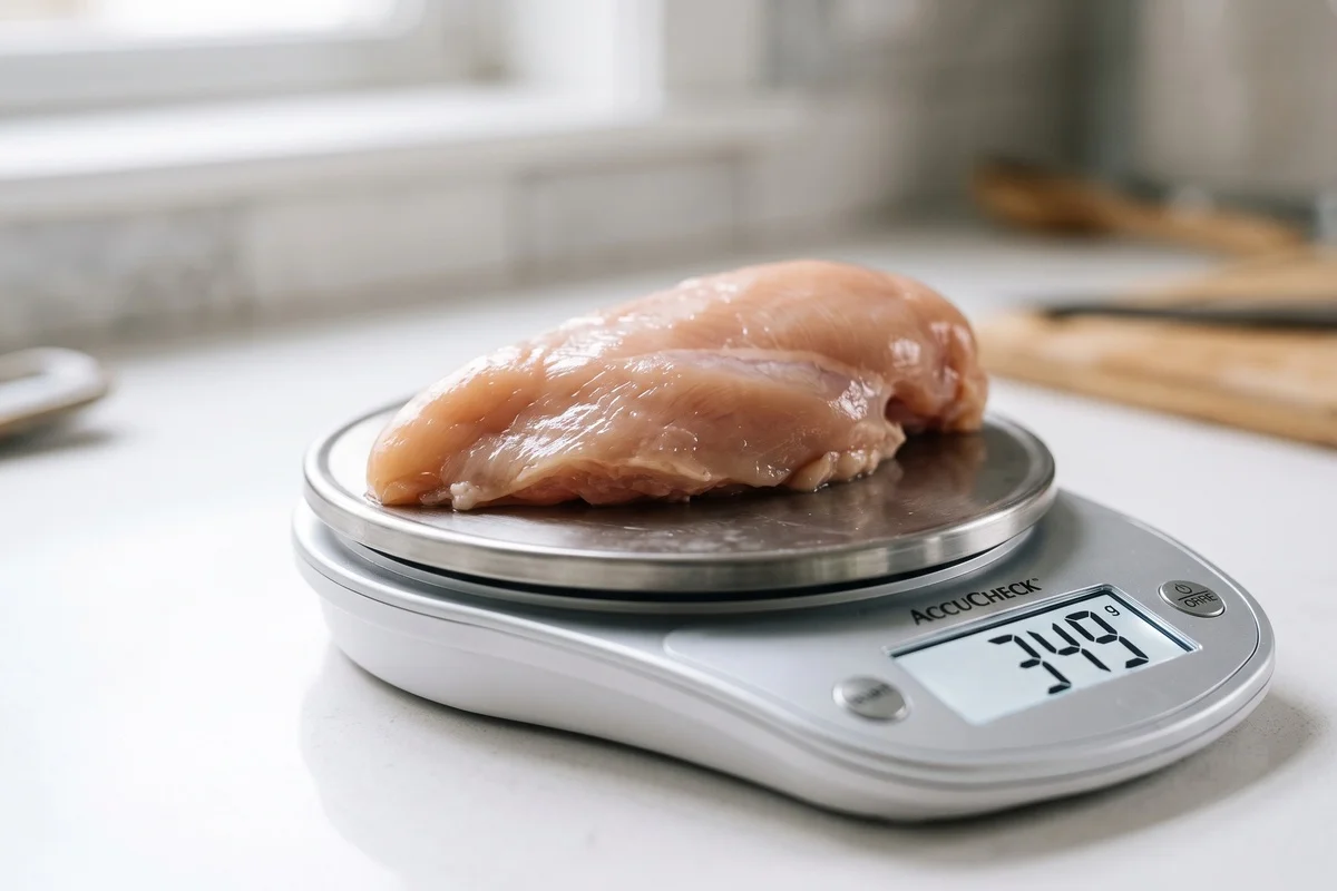 Kitchen food scale weighing a raw chicken breast for accurate calorie tracking