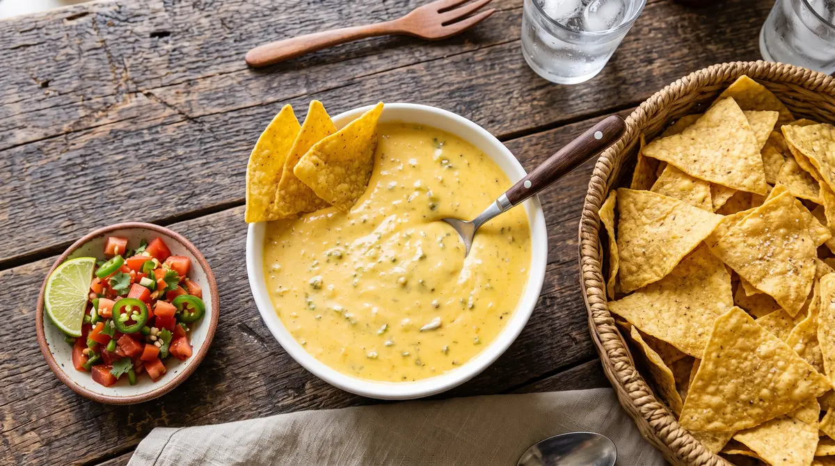 Bowl of queso dip with tortilla chips and salsa