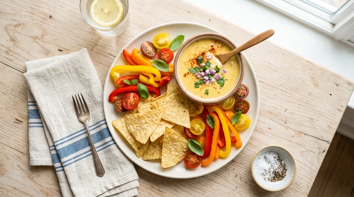 Lighter queso snack plate with fresh vegetables