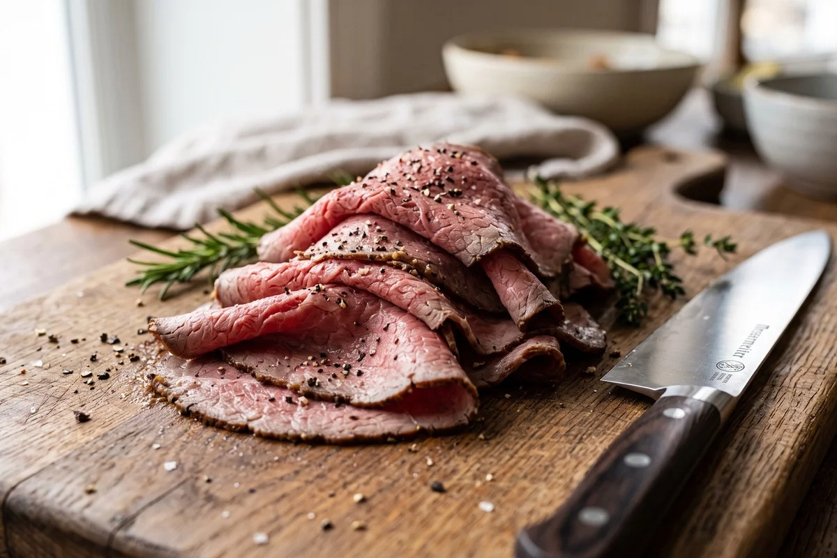 Sliced homemade roast beef on a cutting board with herbs