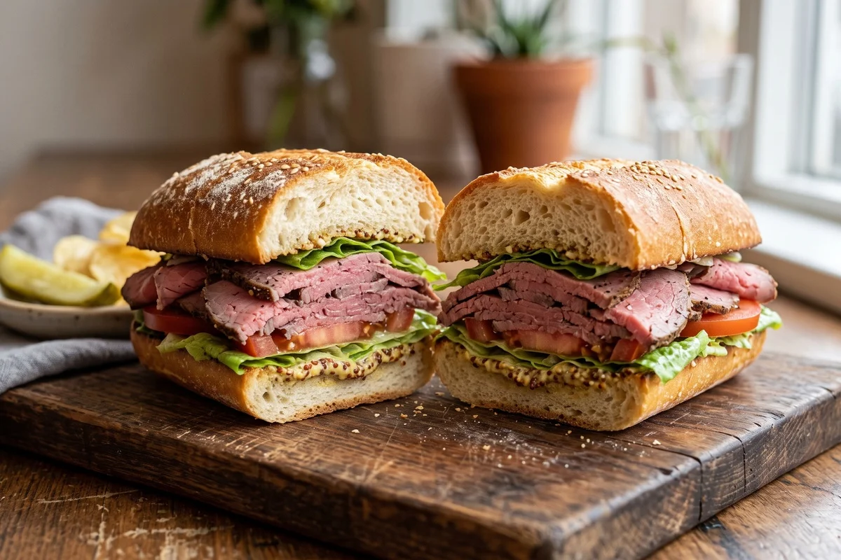 Deli-style sliced roast beef arranged on a sandwich